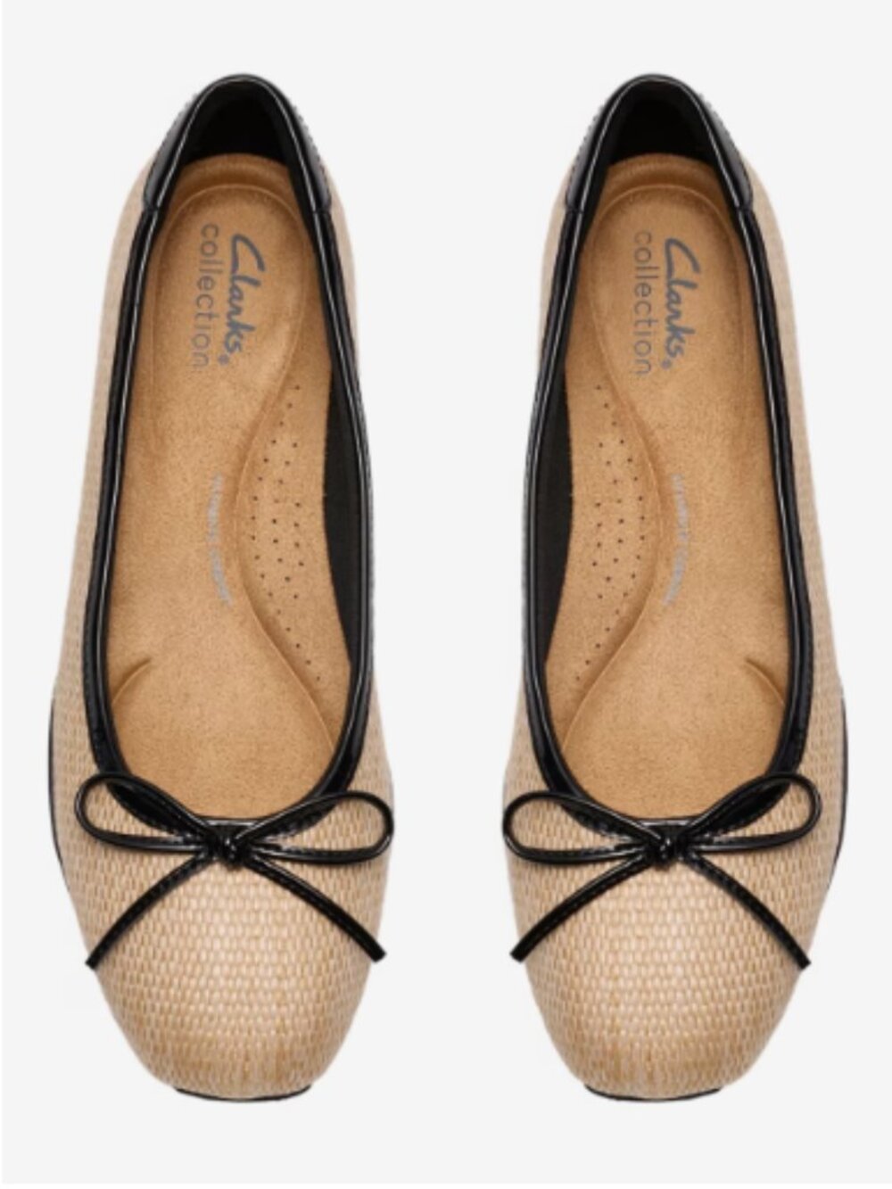 Clarks Jazmynn Bow Beige Woven Ballet Flats with Black Trim